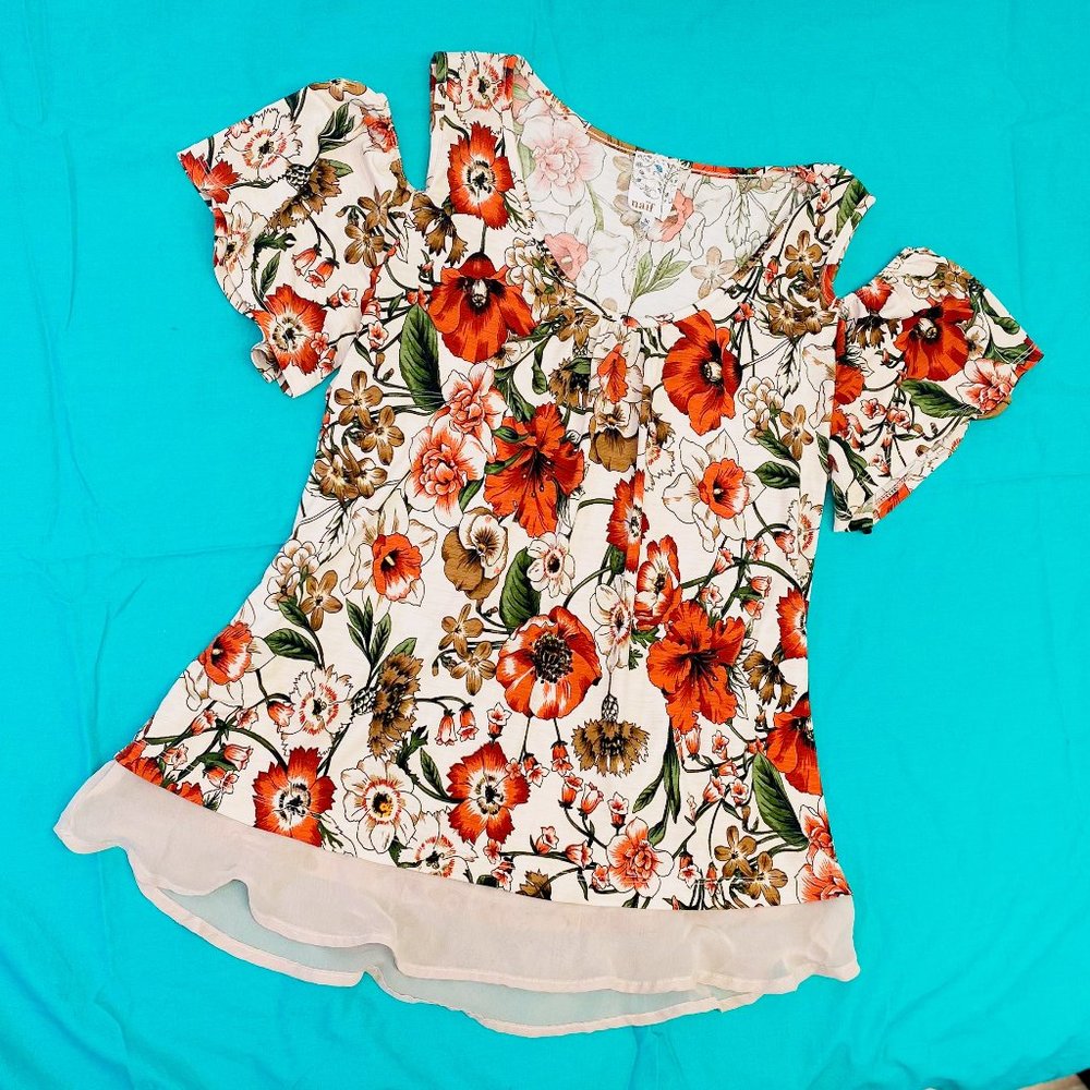 NAIF Cold Shoulder Top Ladies Orange Earth Feel Short Sleeves Scoop Neck